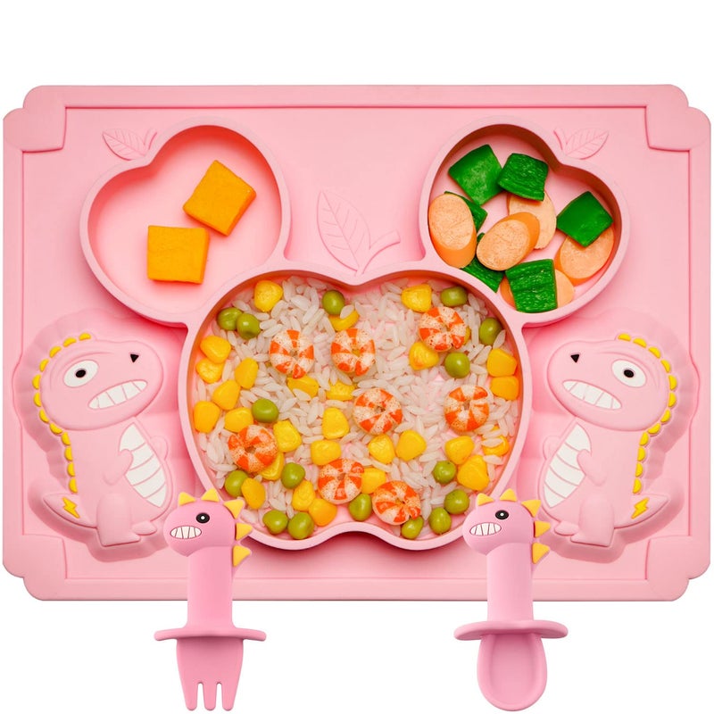 NICINGU 3Pcs Toddler Silicone Dinosaur Placemat Spoon and Fork Set,Divided Plate Dish for Baby Kids Infant Self Feeding Training，Non-Suction BPA Free Microwave Dishwasher Safe-Pink Dinosaur - Image 1
